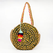Cargar imagen en el visor de la galería, Bolso de yute de hombro, con doble asa, redondo multicolor, de LaNievina. Ideal para playa o piscina por su gran capacidad. Interior forrado en tela. Cierra con cremallera, multicolor. Hecho artesanalmente., ambas caras diferentes combinaciones.