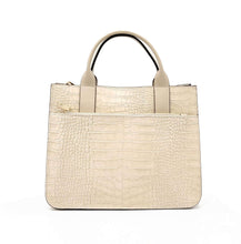 Cargar imagen en el visor de la galerÃa, Bolso de mano piel efecto cocodrilo color hueso de asas cortas con bolsillo frontal vista frontal