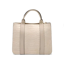 Cargar imagen en el visor de la galerÃa, Bolso de mano piel efecto cocodrilo color hueso de asas cortas con bolsillo frontal en vista trasera