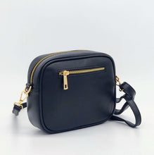 Cargar imagen en el visor de la galerĆa, Bolso bandolera rectangular, de tamaƱo mediano pequeƱo, piel de potro caqui camuflaje frontal, trasera de piel negra con bolsillo con cremallera, de LaNievina.