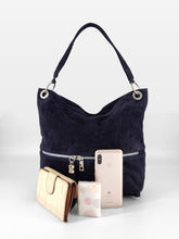 Cargar imagen en el visor de la galerÃa, Bolso shopper de ante azul marino con bolsillo
