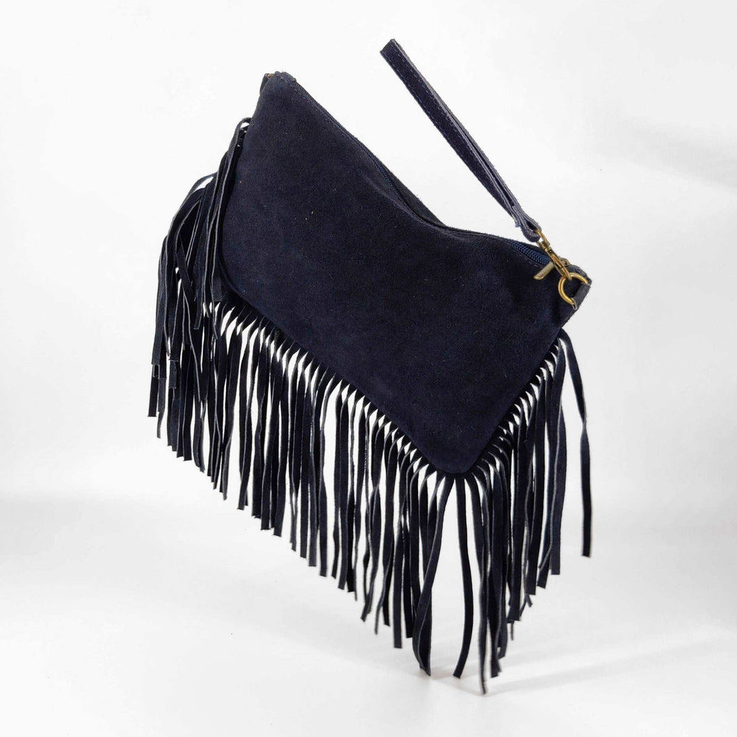 Bolso de ante azul con flecos