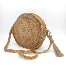 Cargar imagen en el visor de la galería, Bolso bandolera de yute con abalorios de adorno frontal, diseño círculos, trasera
